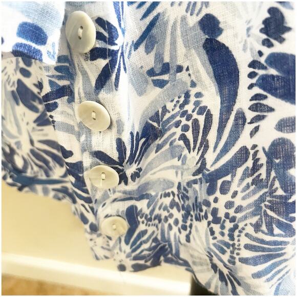 Cynthia Rowley Popover 100% Linen Tunic Plus Size 1X Blue Floral Button Sides - Picture 11 of 12